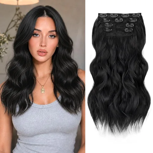 Miniatura 41 de ALXNAN Extensiones de cabello sintético largo y ondulado con clip, de 16 pulgadas, color negro natural, 4 piezas gruesas, fibra de doble trama