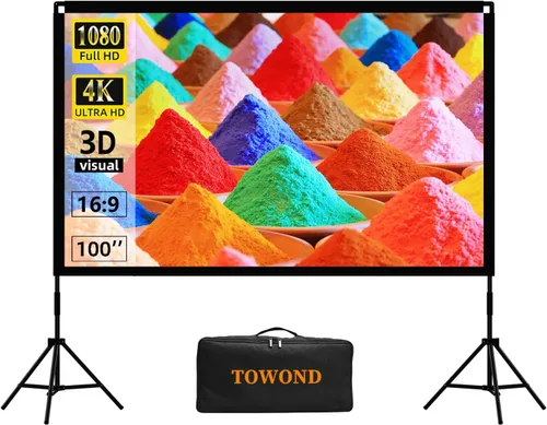 Pantalla de Proyector y Soporte, Towond Pantalla de Película Portátil de 100 pulgadas para Interiores y Exteriores 16:9 HD Pantalla de Proyección