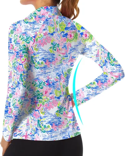 Miniatura 143 de WOWENY Camiseta deportiva de manga larga para mujer, con cremallera de un cuarto, cuello para entrenamiento, camiseta de tenis con estampado