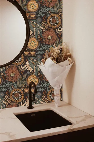 Miniatura 3 de HAOKHOME Papel tapiz para despegar y pegar, diseño floral, bohemio, marrón, melocotón, verde, decoración de pared retro, mural extraíble para baño