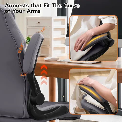 Miniatura 8 de Silla de escritorio de oficina, silla ergonómica para computadora con brazos abatibles acolchados y soporte lumbar ajustable, silla ejecutiva de Gris