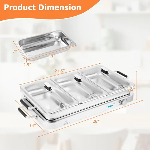 Miniatura 9 de Giantex Servidor de Buffet y Calentador de Alimentos Eléctrico, Bandeja de Calentamiento de Alimentos 2 en 1, Temperatura Ajustable, 3 Bandejas