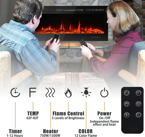 Miniatura 4 de CharaVector Chimenea Eléctrica Empotrable de 60 pulgadas 750W/1500W con Control Remoto de Montaje en Pared, Calentador de Chimenea Empotrable LED