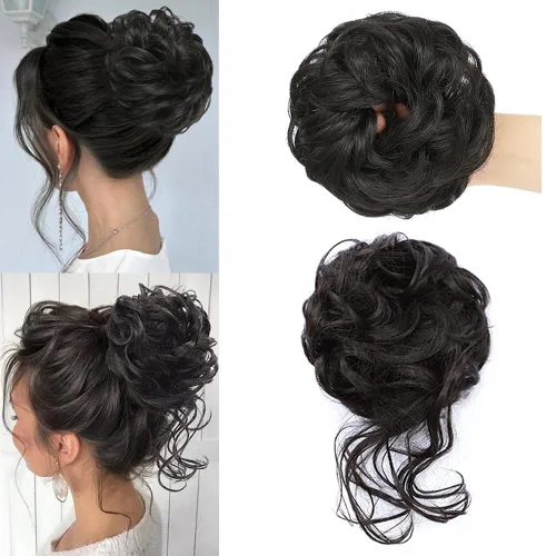 Miniatura 18 de KETHBE Moño desordenado, extensión de moños de pelo despeinado, banda elástica para el cabello, moño rizado para mujeres (negro)