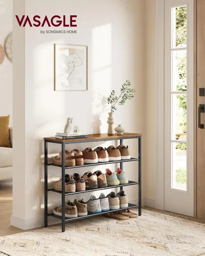 Miniatura 2 de VASAGLE Zapatero de 4 niveles, organizador grande de almacenamiento de zapatos para armario, entrada, 15-20 pares, con 3 estantes de malla metálica