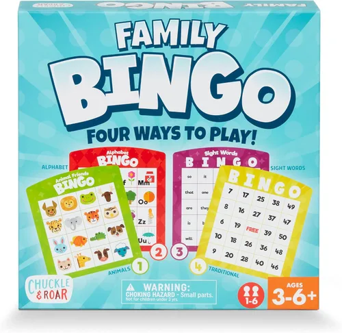 Chuckle & Roar Family Bingo - Juego educativo de bingo para niños de 3 a 6 años | Cuatro juegos en uno: animales, alfabeto, palabras y números de