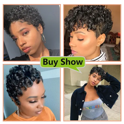 Miniatura 6 de Pelucas cortas Pixie para mujeres negras, corte Pixie negro natural, pelucas cortas y rizadas afroamericanas, pelo sintético con flequillo