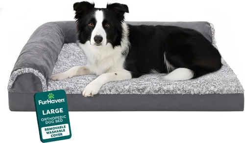 Miniatura 30 de Furhaven - Cama ortopédica de espuma para perros, de piel sintética y gamuza, en forma de L, en dos tonos estilo caja de huevos, color gris piedra