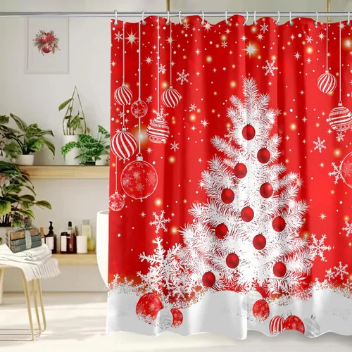 Miniatura 18 de Cortina de Ducha Feliz Navidad 72x72 Pulgadas Cortinas de Ducha de Reno Navideño para Baño con Ganchos Decoración Navideña de Baño Hogar Vacaciones