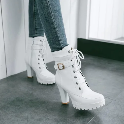 Miniatura 8 de MIOKE Botines elegantes con plataforma de punta redonda para mujer, con cordones, cierre de cremallera, tacón alto, botines cortos