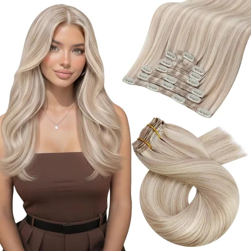 Miniatura 104 de Moresoo Extensiones de cabello humano Remy con clip, color rubio platino, extensiones de cabello humano real de doble trama, color rubio #60, 18