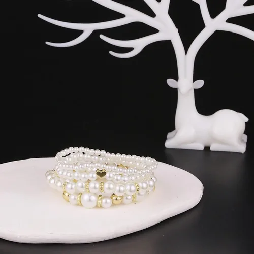 Miniatura 2 de Pulseras de perlas para mujer, pulsera de perlas de imitación con cuentas de perlas blancas, juego de pulseras elásticas apilables, pulseras