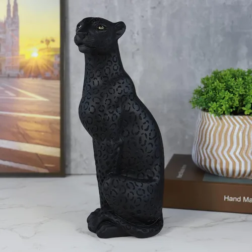 Miniatura 5 de Estatua de guepardo Pantera Negra Estatua de leopardo negro de 11 pulgadas de alto, resina moderna, escultura de animales, decoración de mesa