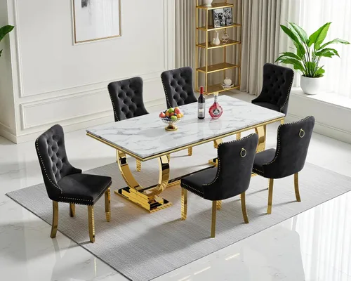 Miniatura 2 de Juego de mesa de comedor de mármol sintético, 7 piezas, juego de mesa de cocina y comedor para 6, mesa de comedor rectangular blanca de 70 pulgadas