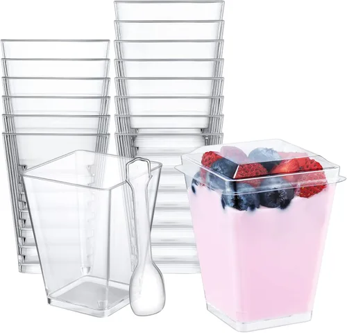 Miniatura 10 de SHOPDAY Vasos de postre de plástico de 5 onzas, paquete de 50 tazas pequeñas de parfait cuadrado transparente con cucharas, mini vasos de plástico