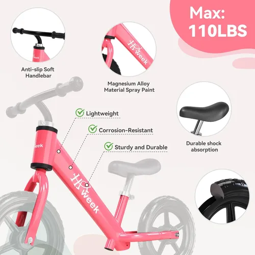 Miniatura 5 de Bicicleta de equilibrio para niños pequeños HAWEEK de 12 pulgadas, bicicleta de entrenamiento sin pedales para niños de 24 meses a 5 años, ajustes