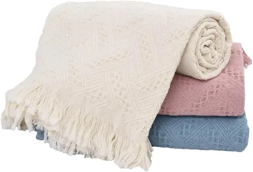Miniatura 7 de Simple&Opulence Manta 100% algodón para cama, sofá, manta tejida geométrica de lujo bohemia con borlas, suave, ligera, acogedora, transpirable