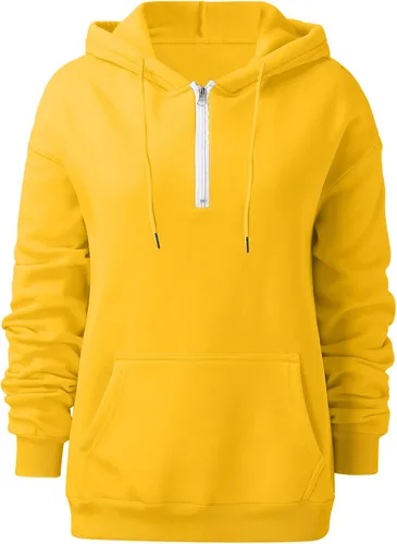 Miniatura 4 de Sudaderas con capucha y cordón para mujer, estilo casual, con capucha, cuello con cremallera, manga larga, sueltas, Beige