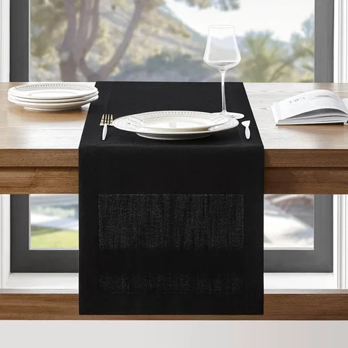 ZeeMart Camino de mesa con borde texturizado de lino, 14 x 36 pulgadas, color negro, estilo granja, color negro, camino de mesa de poliéster de 36