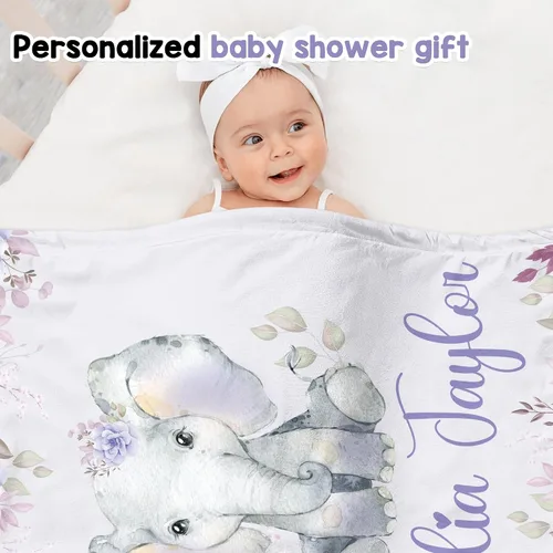 Miniatura 2 de J&SBGFT Manta de bebé niña personalizada, manta de recepción de elefante, regalo personalizado de artículos esenciales para recién nacidos, 30 x 40