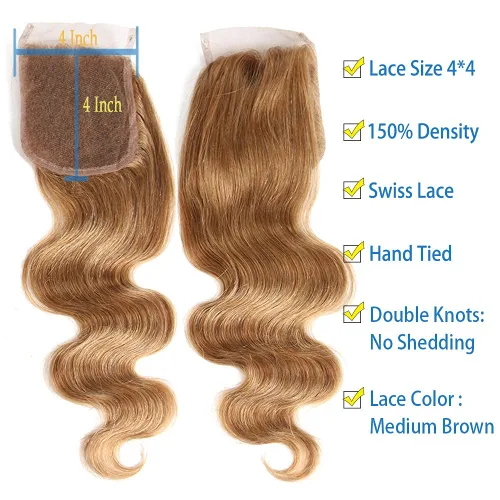 Miniatura 3 de X-TRESS Cabello humano con cierre rubio miel 4x4, prearrancado con abuelitos, encaje transparente 4x4, parte libre blanqueada, cabello natural