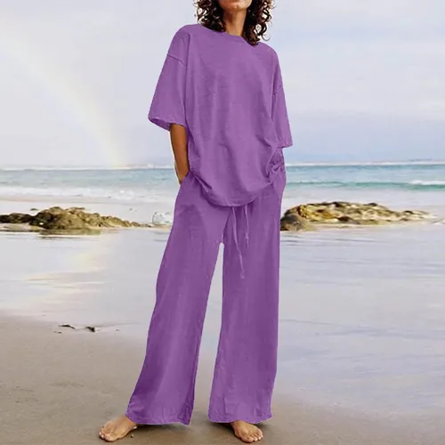 Miniatura 38 de Conjuntos de verano de 2 piezas para mujer, conjuntos elegantes y casuales de color liso, para verano, otoño, cuello redondo, tops y pantalones