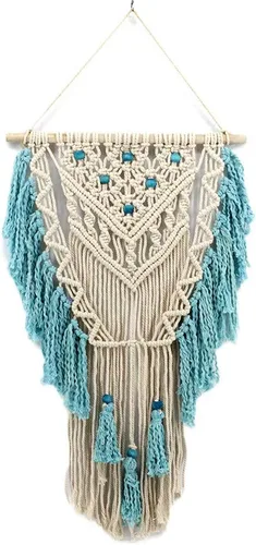 Macramé para colgar en la pared, arte de pared tejido con borlas de color azul aguamarina, tapiz de macramé bohemio con frontones para decoración de