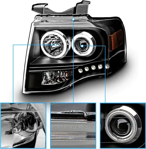 Miniatura 3 de AmeriLite - Faros delanteros de proyector de halo LED Xtreme negros para Ford Expedition 2007-2014, lado del pasajero y del conductor
