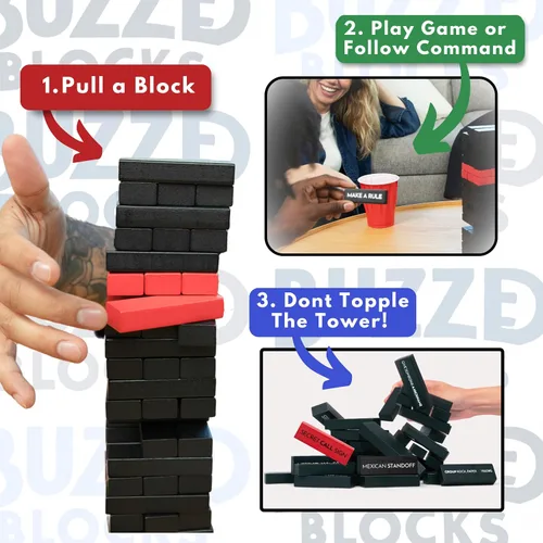 Miniatura 2 de Buzzed Blocks Ultimate Party Tower con divertidos juegos y comandos Juego de apilamiento clásico con divertidas reglas originales Divertido