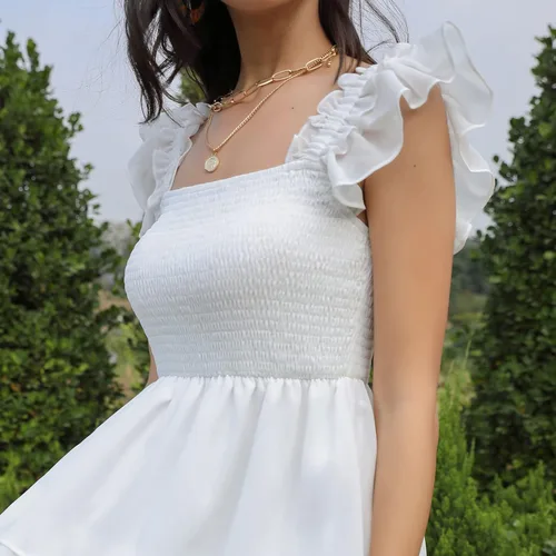 Miniatura 7 de Byinns Vestido corto sin mangas con cuello cuadrado para mujer, cintura alta, espalda descubierta, escalonado, tirantes fruncidos, casual, corto