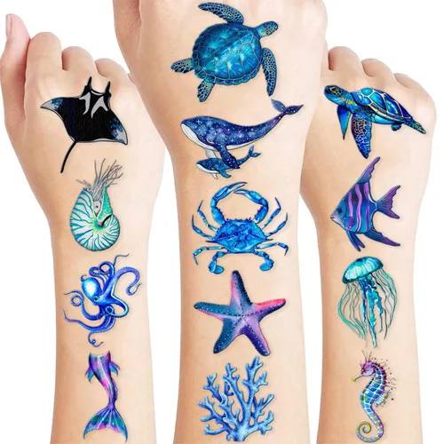 Miniatura 9 de 96 piezas de tatuajes temporales luminosos precortados con temática de océano, decoración de fiesta de cumpleaños, suministros de decoración que