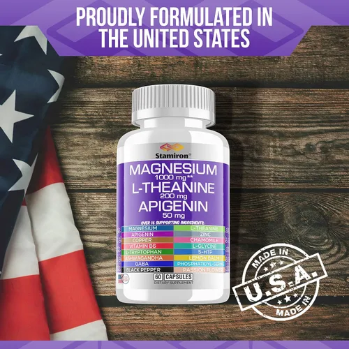 Miniatura 2 de Complejo de magnesio 1000 mg L Teanina 200 mg Apigenina 50 mg Suplemento con citrato de glicinato mag, malato taurato + manzanilla 5-HTP Passion