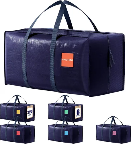 Miniatura 18 de Paquete de 6 bolsas de mudanza con cremallera lateral completamente abierta, extra grandes de 93 L, resistentes al agua, plegables para Negro