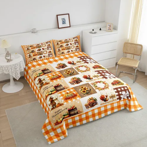 Miniatura 3 de Castle Fairy Juego de edredón de otoño con temática de Acción de Gracias, tamaño individual, juego de ropa de cama de calabaza, girasol, pavo