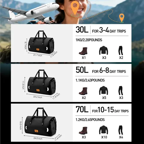 Miniatura 6 de OCKLILY Bolsa seca impermeable, bolsa trasera de motocicleta enrollable de 50 litros con válvula de aire y correas de fijación rápida, bolsas