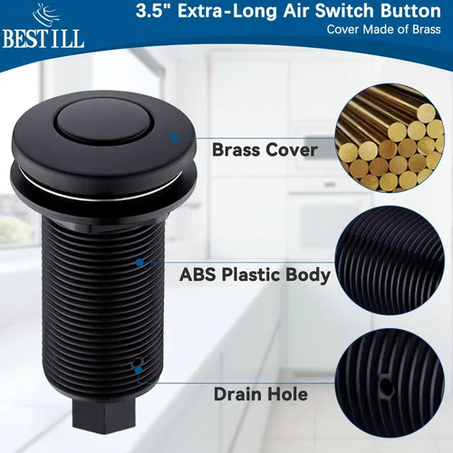Miniatura 3 de BESTILL Kit de Interruptor de Aire para Fregadero de Triturador de Basura con Salida Única, Botón Pulsador de 3.6 Pulgadas de Largo Negro Mate