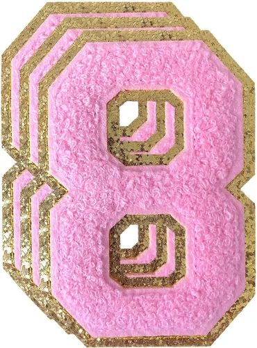 Miniatura 148 de 3 parches de números de chenilla negra, tamaño grande de 4-1/2" parches de números para planchar, parches universitarios para ropa, 8" Borde oro rosa