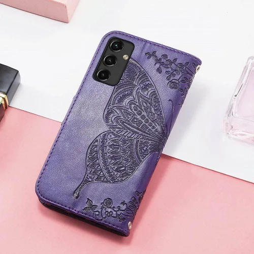 Miniatura 6 de Funda para teléfono Galaxy A14 5G, cartera con tapa para mujer, de piel sintética en relieve de mariposa con tarjeteros de crédito, correa de Púrpura