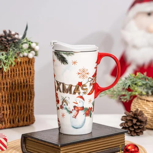 Miniatura 10 de Taza de café de cerámica de árbol de invierno de 17 onzas con tapa y caja de regalo, divertida taza de té de porcelana multicolor con leche, apta