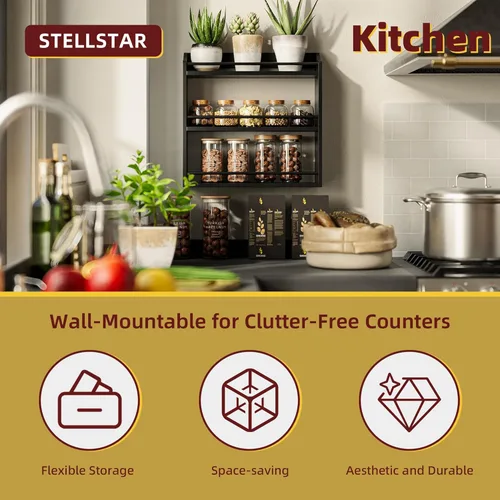 Miniatura 4 de STELLSTAR Estante de bambú para especias, soporte de pared o mesa, estante de 3 niveles para organizador de botellas de condimentos, soporte