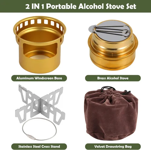 Miniatura 2 de Mini estufa de alcohol 2 en 1 para acampar, quemador de alcohol portátil con soporte cruzado de acero inoxidable, bolsa de almacenamiento, pequeña