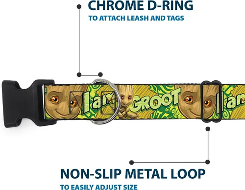 Miniatura 5 de Marvel Comics - Collar para mascotas, collar de perro, hebilla de plástico, Baby Groot Pose Face I Am Groot Browns Greens Yellows, 7 a 8.5 pulgadas