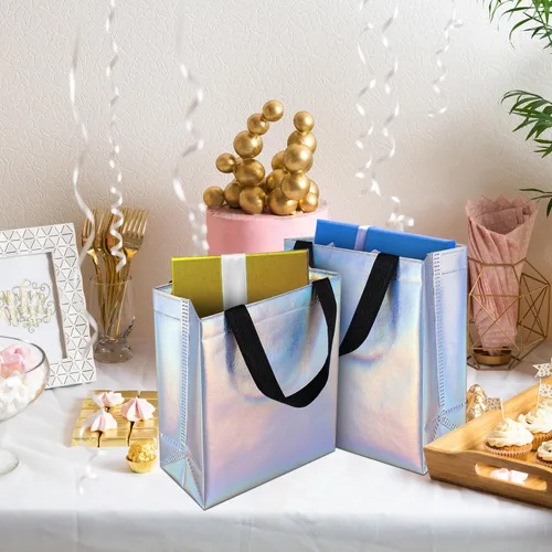 Miniatura 7 de BLEWINDZ 18 bolsas de regalo holográficas con asas y pañuelos, bolsas de regalo reutilizables iridiscentes medianas de 10.2 pulgadas para Holográfico