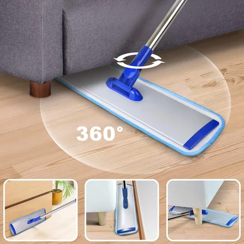 Miniatura 5 de Sistema de limpieza profesional de piso de microfibra de 18 pulgadas, trapeador plano con mango de acero inoxidable, 4 almohadillas lavables Azul