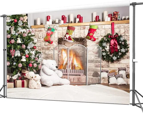 Miniatura 3 de Telón de fondo de fotografía navideña de 7x5 pies, telón de fondo de chimenea navideña, chimenea de ladrillo blanco, fondos de oso y árbol