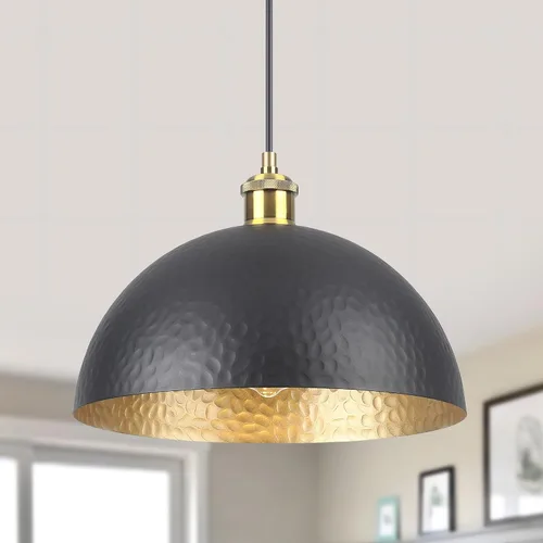 Lámpara colgante negra de granja con pantalla de metal martillado, lámpara colgante de cúpula vintage, accesorios de iluminación colgantes