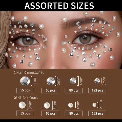 Miniatura 6 de Teenitor - Gemas de maquillaje adhesivas con pedrería para cara y cuerpo - Joyas faciales para festivales y conciertos, gemas para el cabello