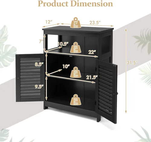 Miniatura 3 de COSTWAY Armario de almacenamiento para baño, organizador de almacenamiento lateral de madera con puertas de rejilla y estante extraíble, gabinete