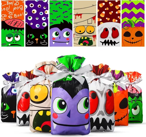 Funrous 48 bolsas de regalo con cordón para Halloween, bolsas de plástico para dulces, bolsas de regalo de fiesta para niños, suministros de fiesta