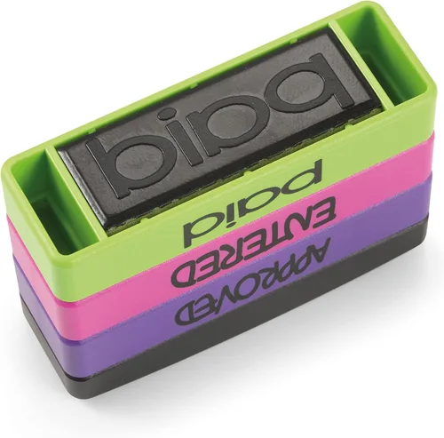 Miniatura 5 de Stakz - Sello de mensaje preentintado – Aprobado, ingresado, pagado – tinta púrpura, rosa, verde – Tamaño de impresión: 5/8 "x 1-13/16